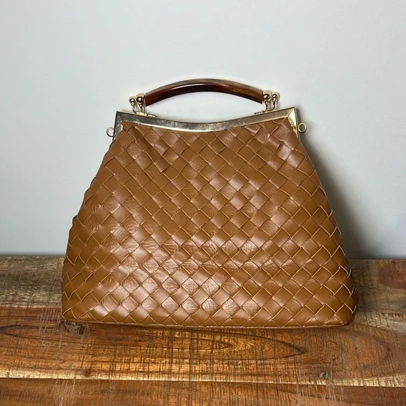 Valentina Fiore Brown Woven Leather Shoulder Bag with Curved Handle, No Strap - Picture 1 of 9